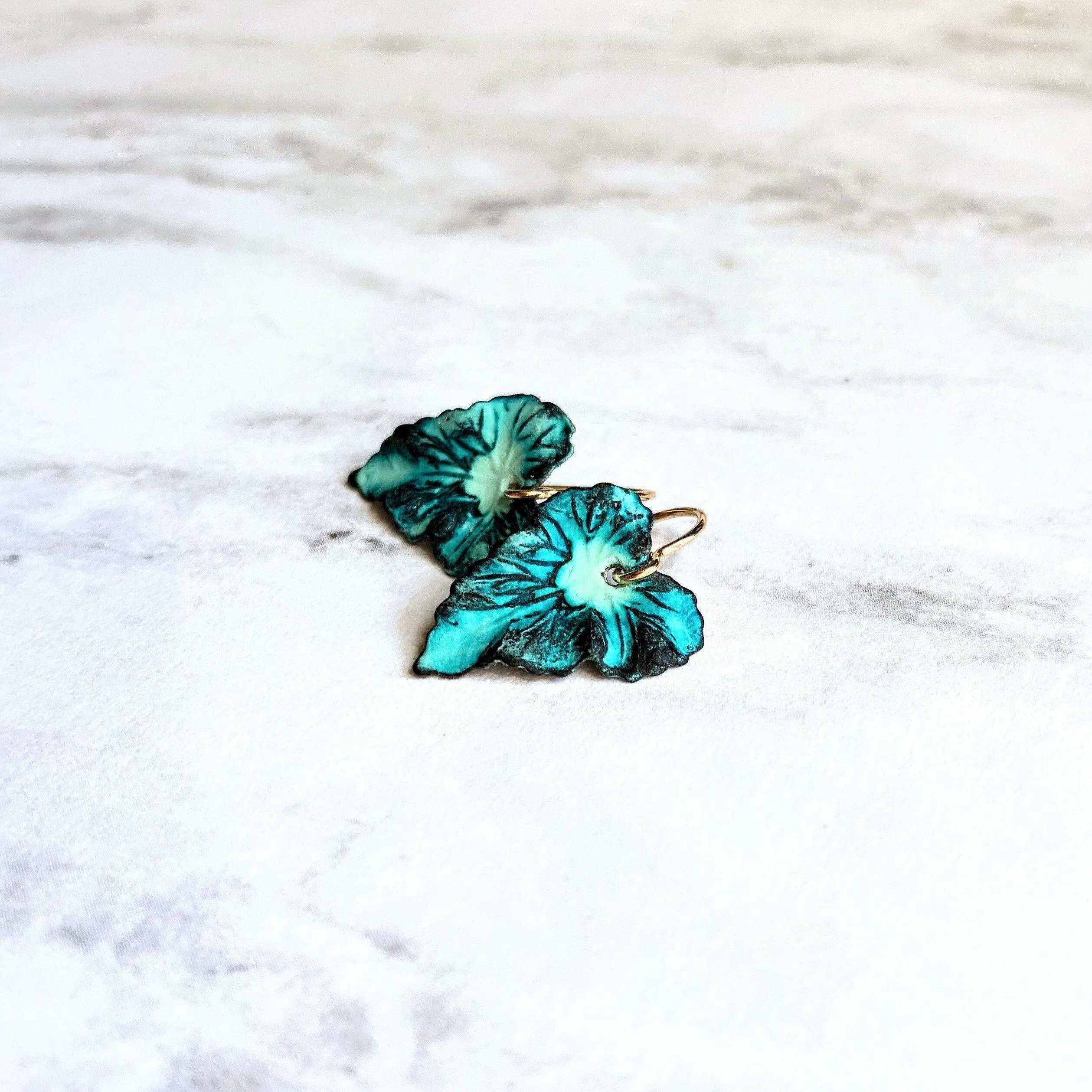 Aqua Leaf Earrings, 14K gold fill hooks, blue green leaf earrings, verdigris patina leaves, patina earrings, wavy leaf earrings large leaves