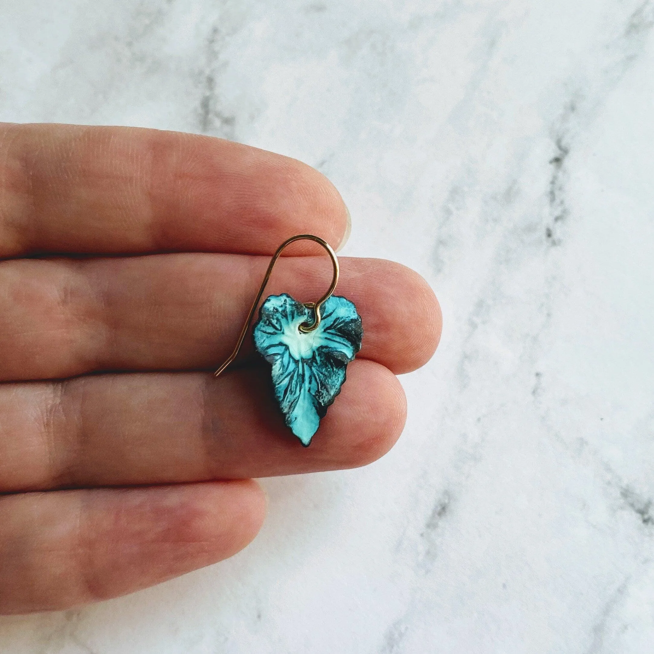 Aqua Leaf Earrings, 14K gold fill hooks, blue green leaf earrings, verdigris patina leaves, patina earrings, wavy leaf earrings large leaves