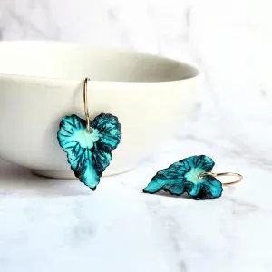 Aqua Leaf Earrings, 14K gold fill hooks, blue green leaf earrings, verdigris patina leaves, patina earrings, wavy leaf earrings large leaves