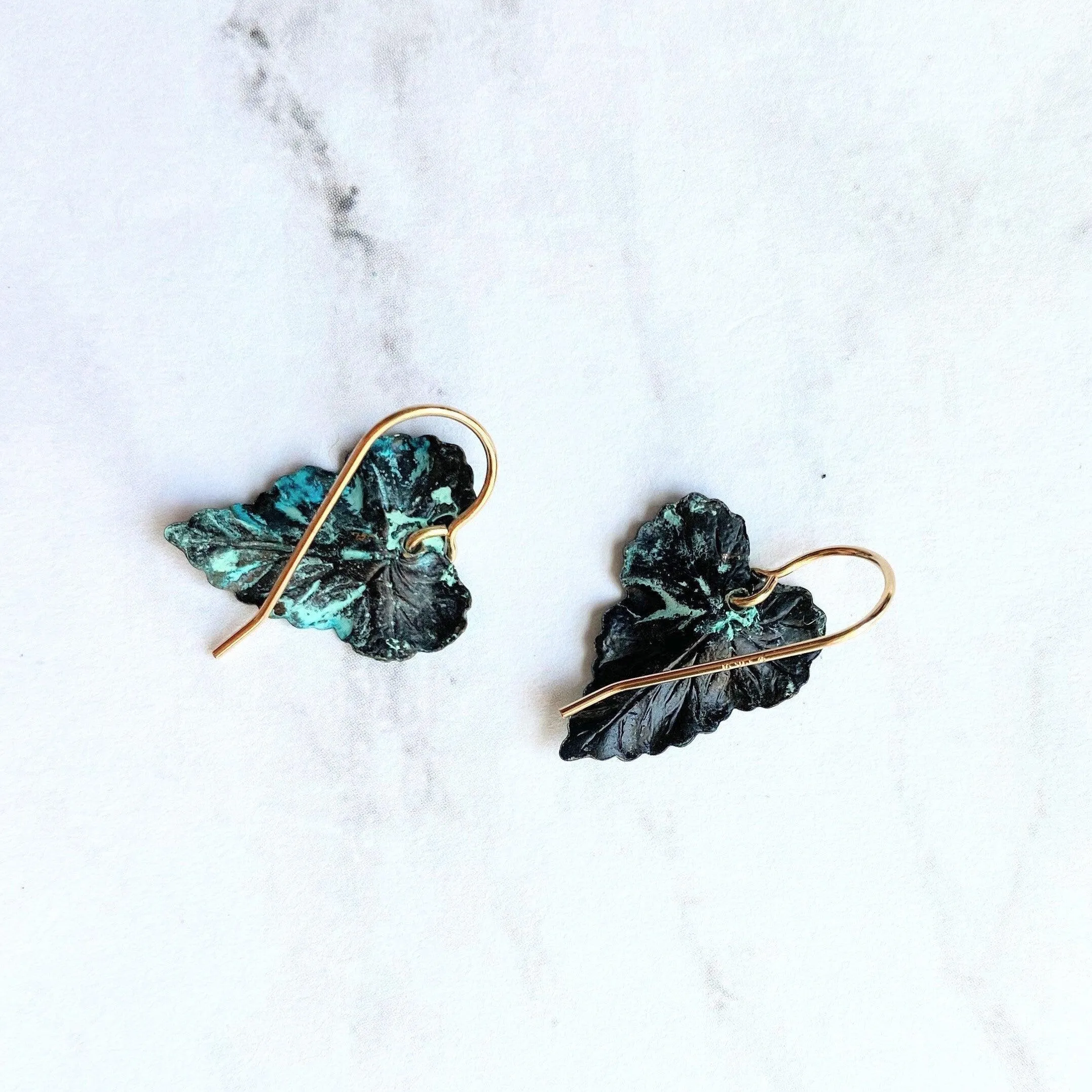 Aqua Leaf Earrings, 14K gold fill hooks, blue green leaf earrings, verdigris patina leaves, patina earrings, wavy leaf earrings large leaves