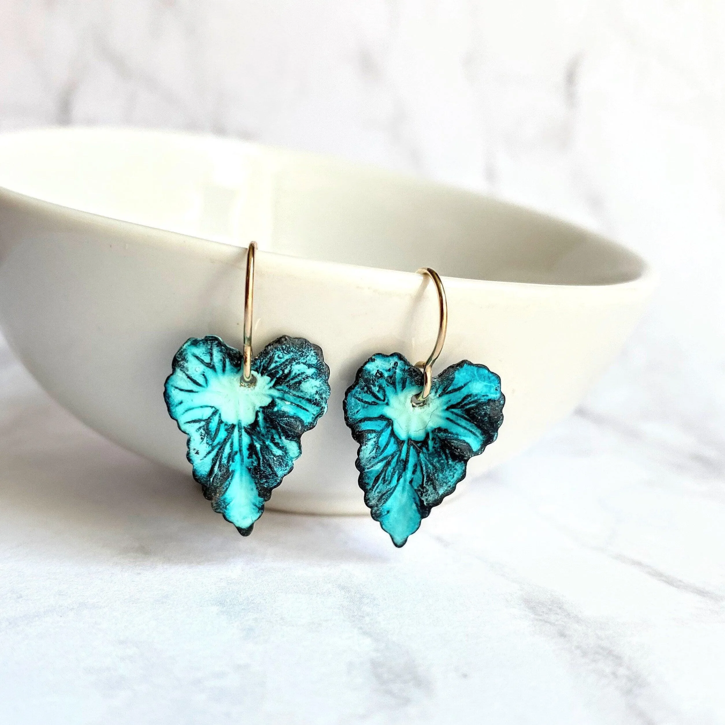 Aqua Leaf Earrings, 14K gold fill hooks, blue green leaf earrings, verdigris patina leaves, patina earrings, wavy leaf earrings large leaves