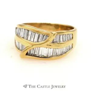 Beautiful Leaf Shaped Channel Set Baguette Cut Diamond Band in 18k Yellow Gold