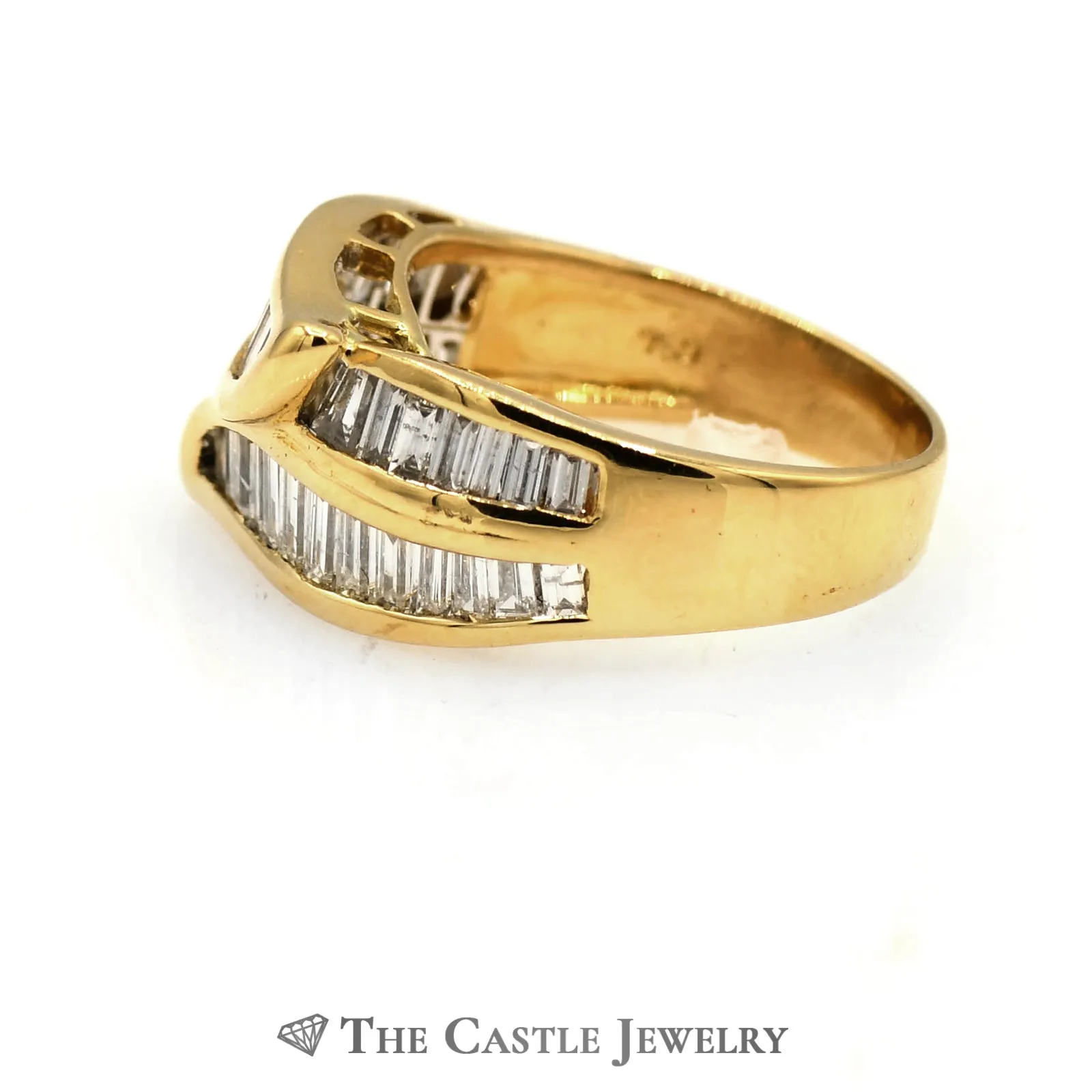 Beautiful Leaf Shaped Channel Set Baguette Cut Diamond Band in 18k Yellow Gold