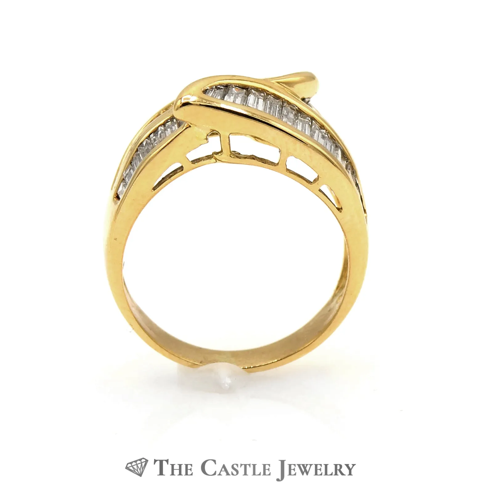 Beautiful Leaf Shaped Channel Set Baguette Cut Diamond Band in 18k Yellow Gold
