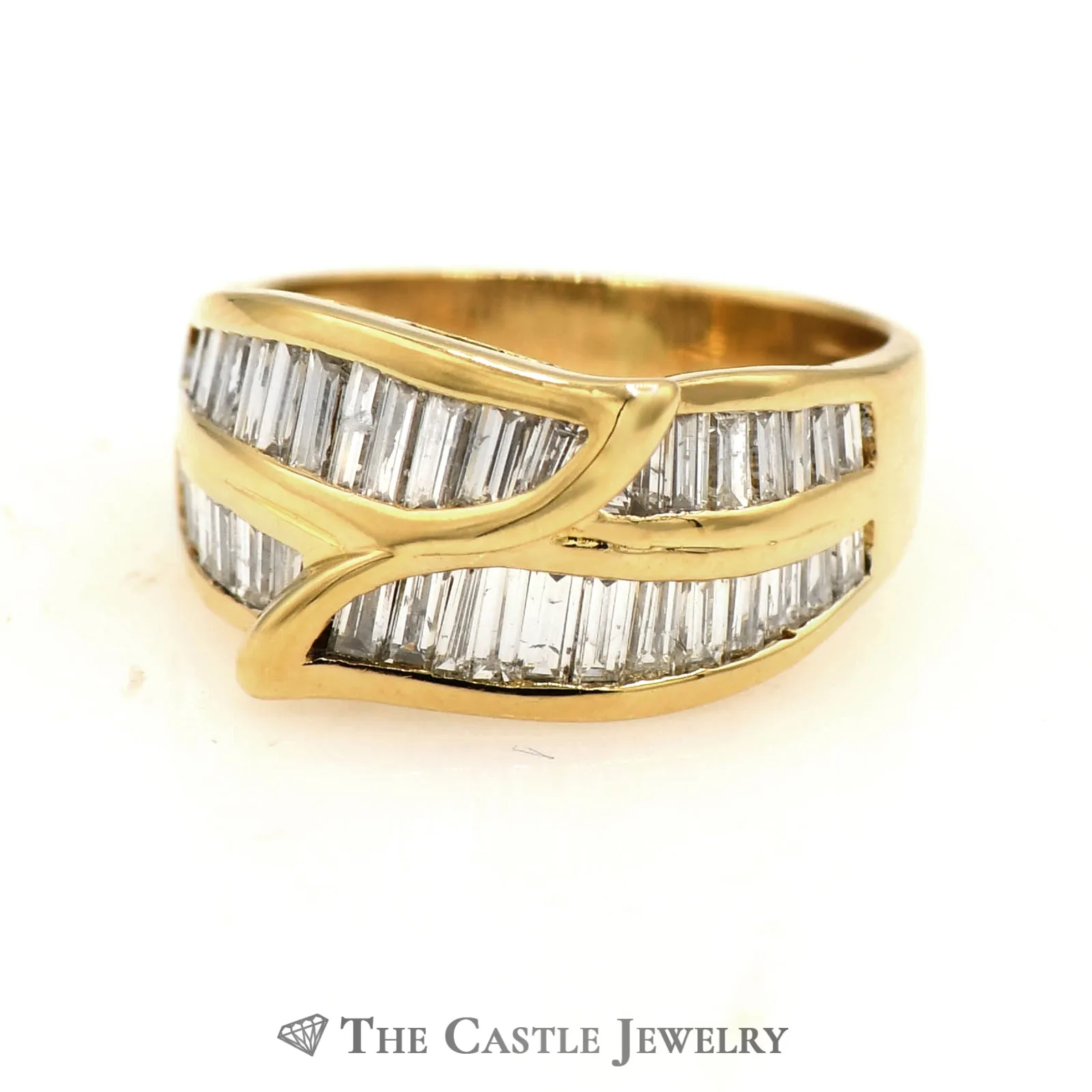 Beautiful Leaf Shaped Channel Set Baguette Cut Diamond Band in 18k Yellow Gold