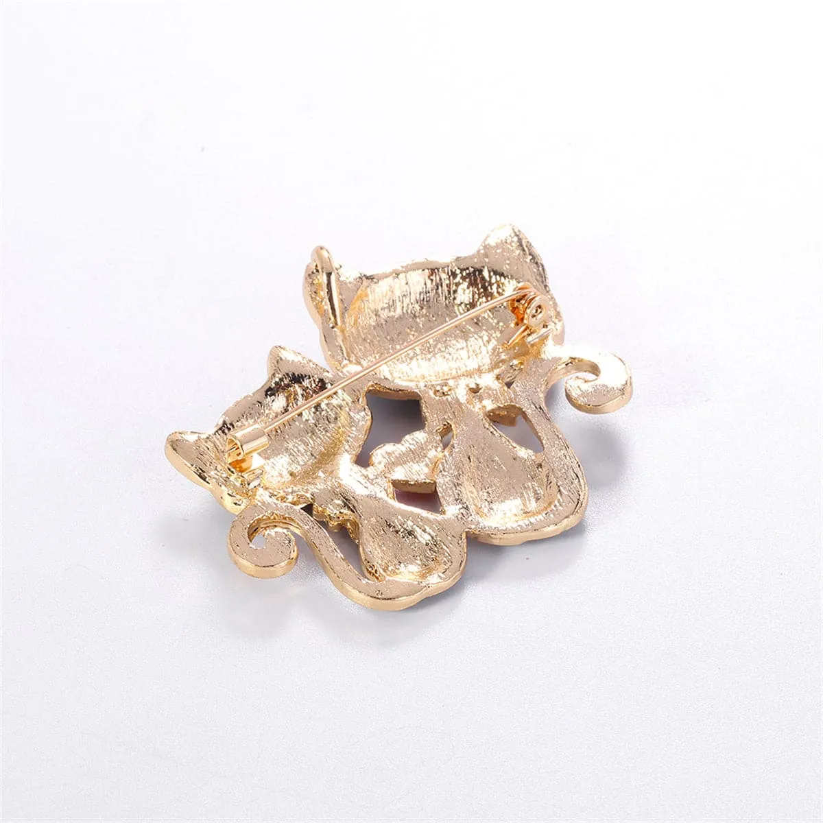 Black Enamel & 18K Gold-Plated Double-Cat Brooch