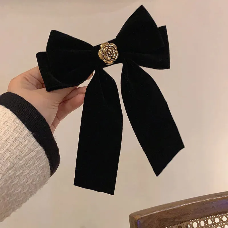 Black Velvet Bow Hair Pins Elegant Fabric & Alloy Rose Hair Clips for Women Fashion Ponytail Barrette Headwear Accessories