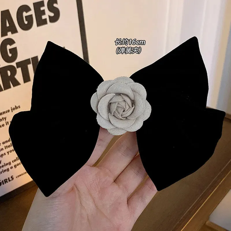 Black Velvet Bow Hair Pins Elegant Fabric & Alloy Rose Hair Clips for Women Fashion Ponytail Barrette Headwear Accessories