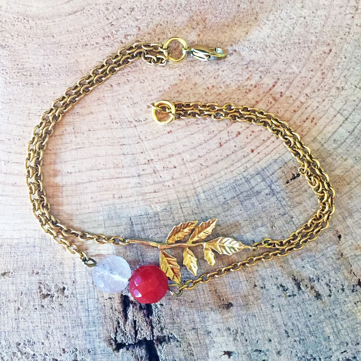 Brass Double-Strand Leaf Bracelet with Quartz and Carnelian Accents