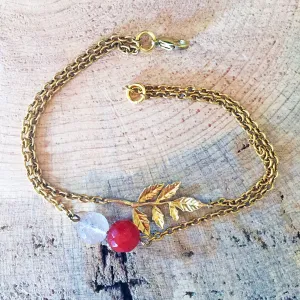Brass Double-Strand Leaf Bracelet with Quartz and Carnelian Accents
