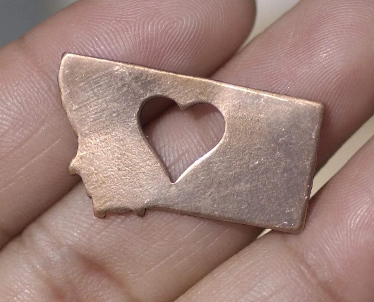 Bronze or Copper or Brass Montana State Small with Heart Perfect Blanks Cutout for Metalworking Stamping Texturing Jewelry Charms