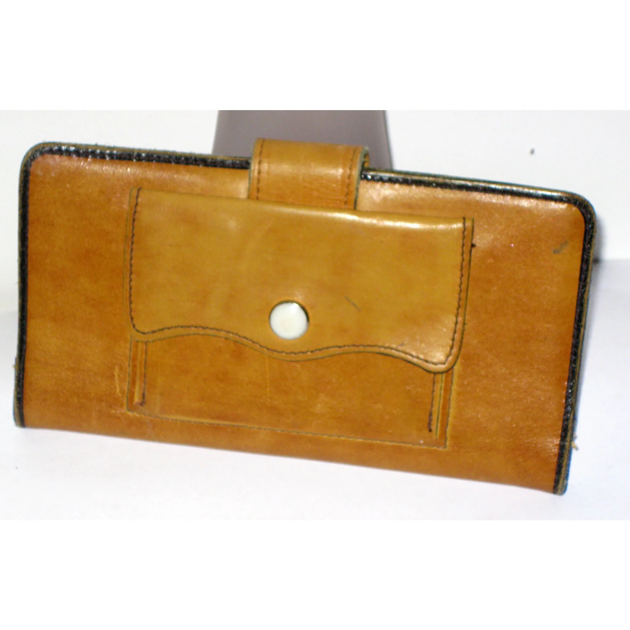 Brown Stitched Leather & Denim Wallet