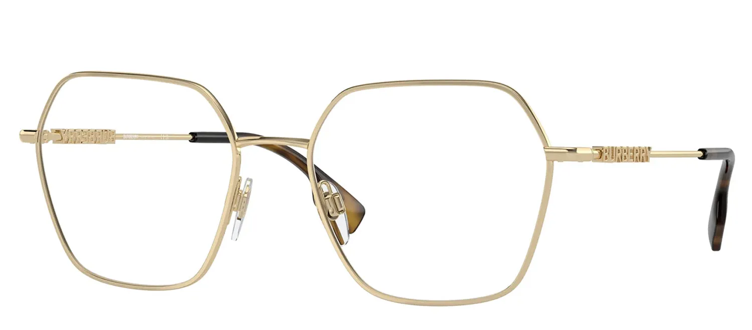 Burberry BE 1381 1109 Irregular Metal Gold Eyeglasses with Logo Stamped Demo Lenses