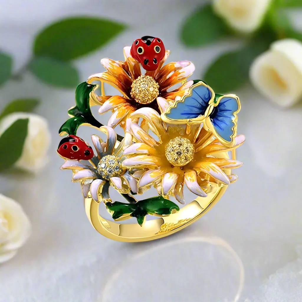 Butterfly, Ladybug, and Flower with Created Diamond Ring