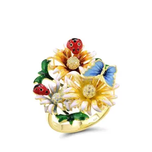 Butterfly, Ladybug, and Flower with Created Diamond Ring