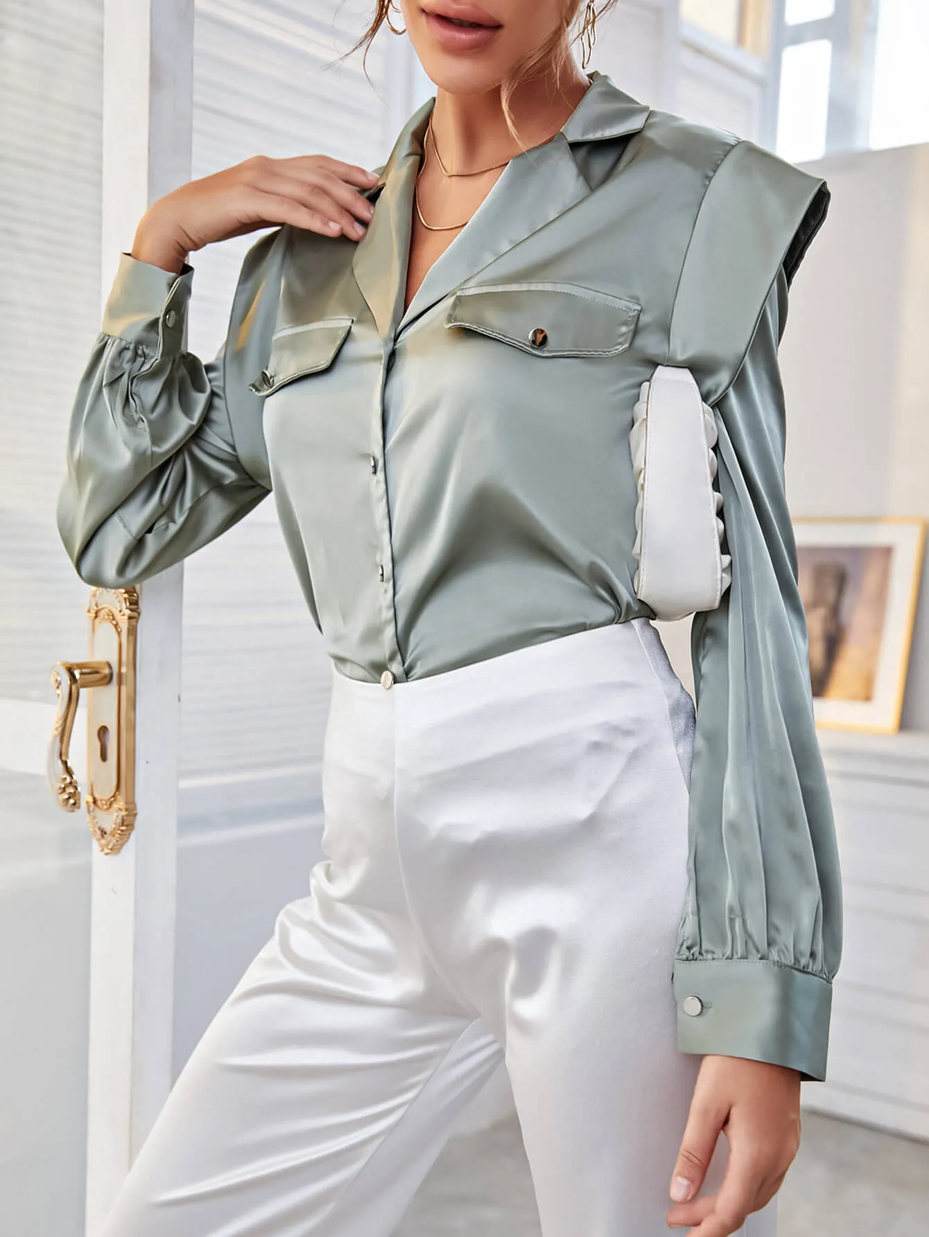 Button Front Shoulder Detail Lapel Collar Shirt