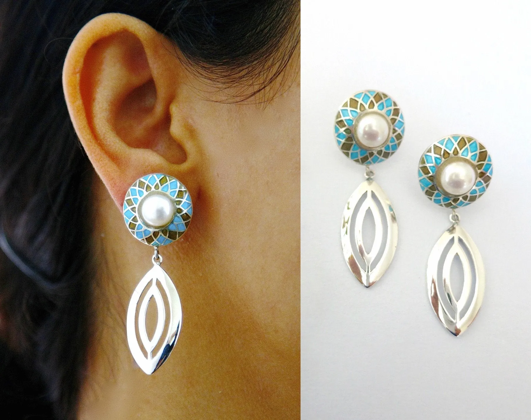 Classic, navette-shape earrings in blue and sepia enamel with pearl center