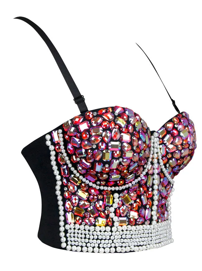 Colorful Rhinestone Beaded Push Up Bustier Crop Top Bra