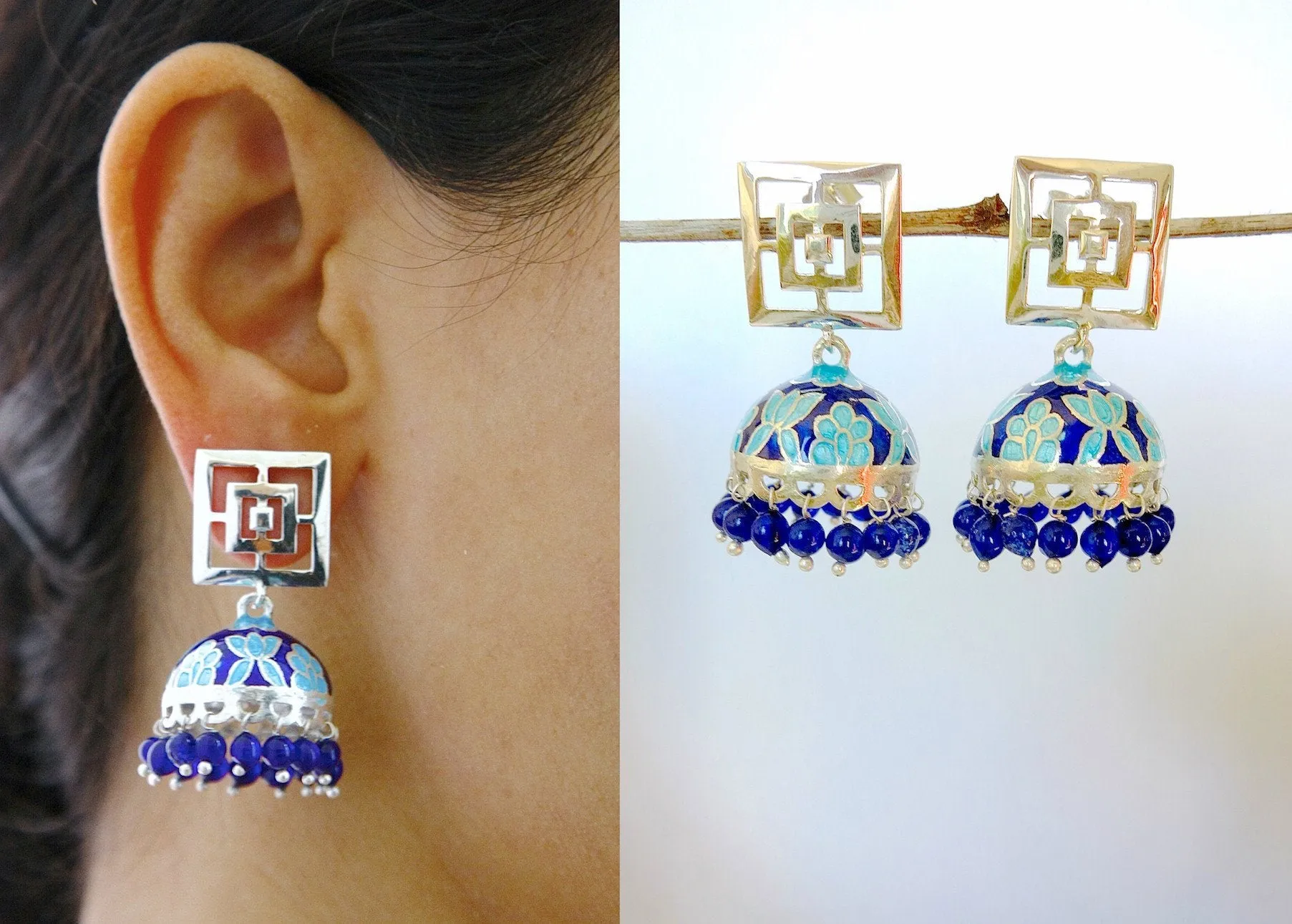 Contemporary, Nathdwara enamel jhumkas with square cut out top