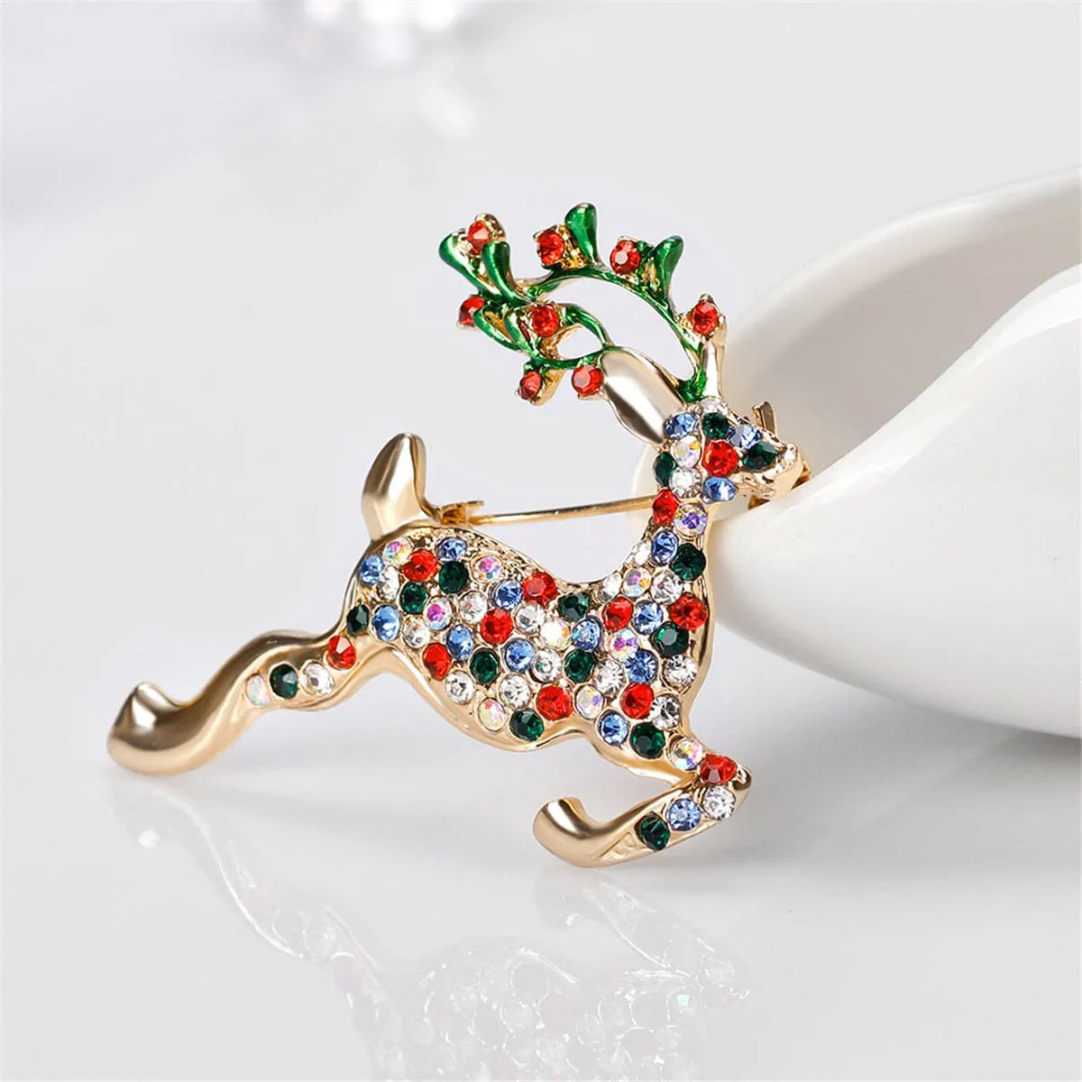 Cubic Zirconia & 18K Gold-Plated Jumping Reindeer Brooch