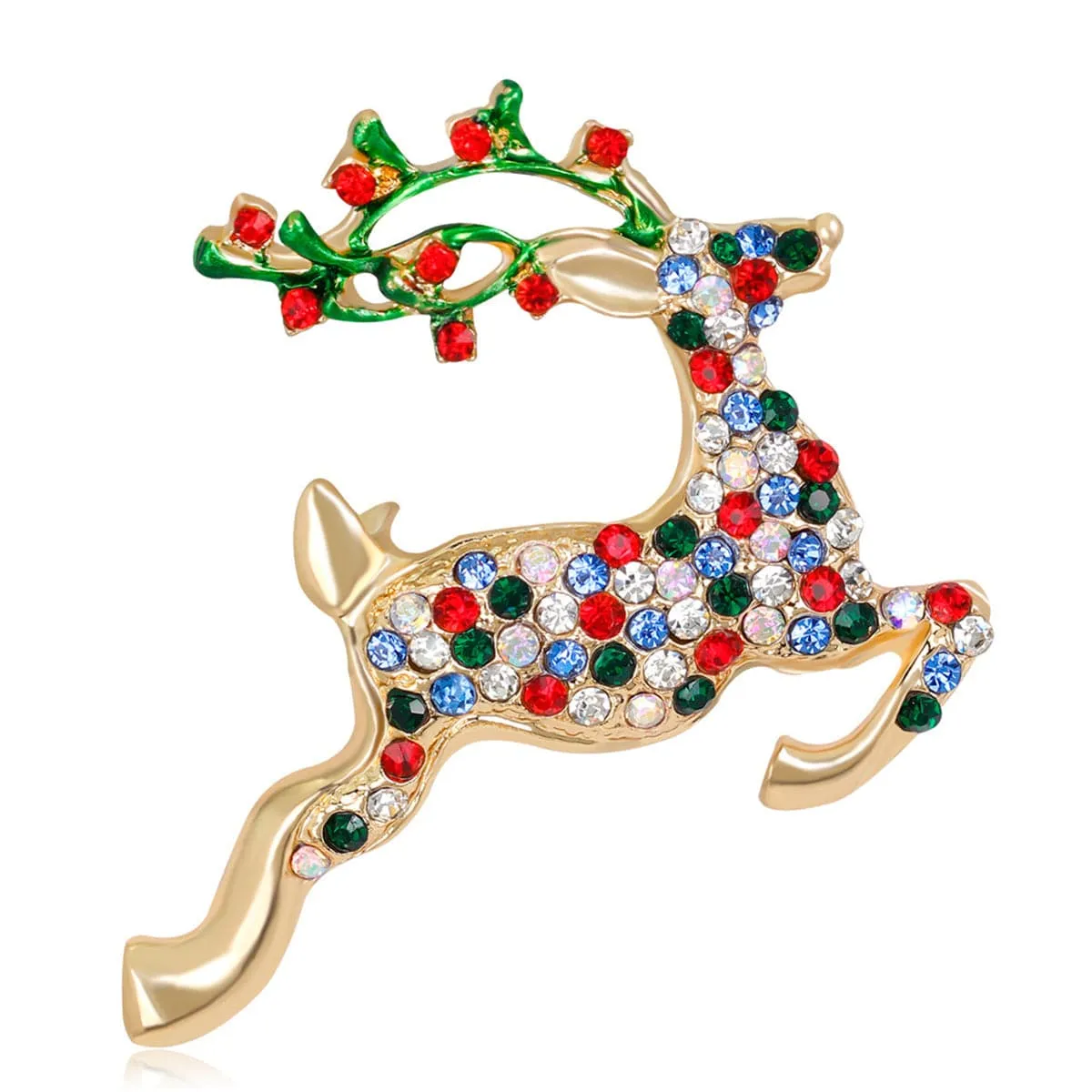 Cubic Zirconia & 18K Gold-Plated Jumping Reindeer Brooch