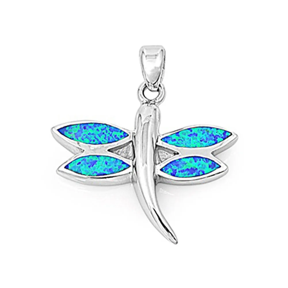 Cute Simple Dragonfly Pendant Blue Simulated Opal .925 Sterling Silver Charm