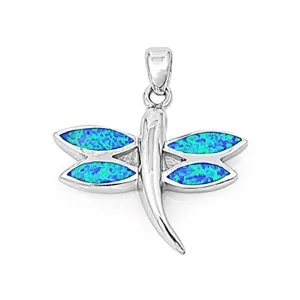 Cute Simple Dragonfly Pendant Blue Simulated Opal .925 Sterling Silver Charm