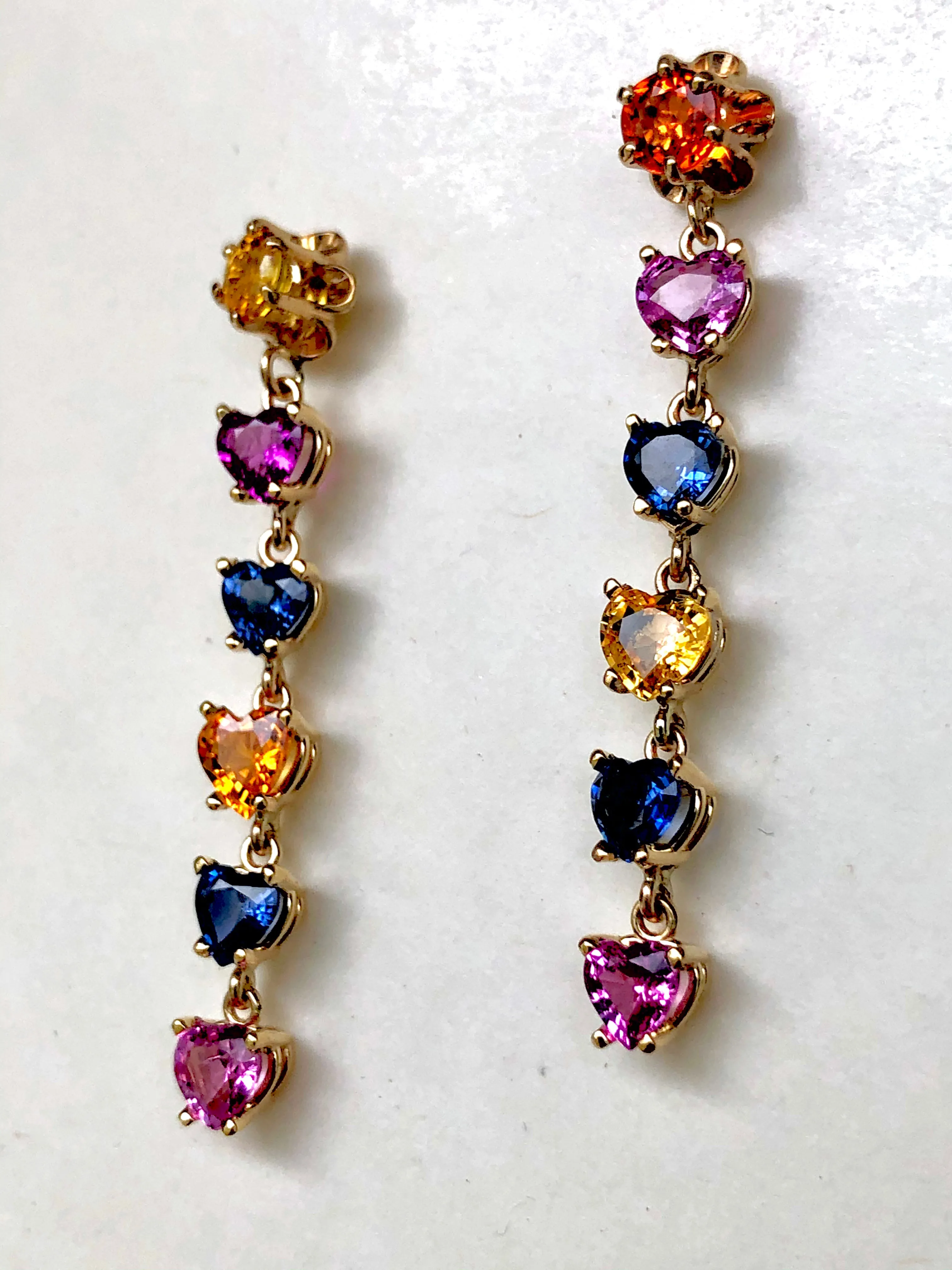 Dangle Sapphire Multi-Color Heart Cut Drop Earrings Gold