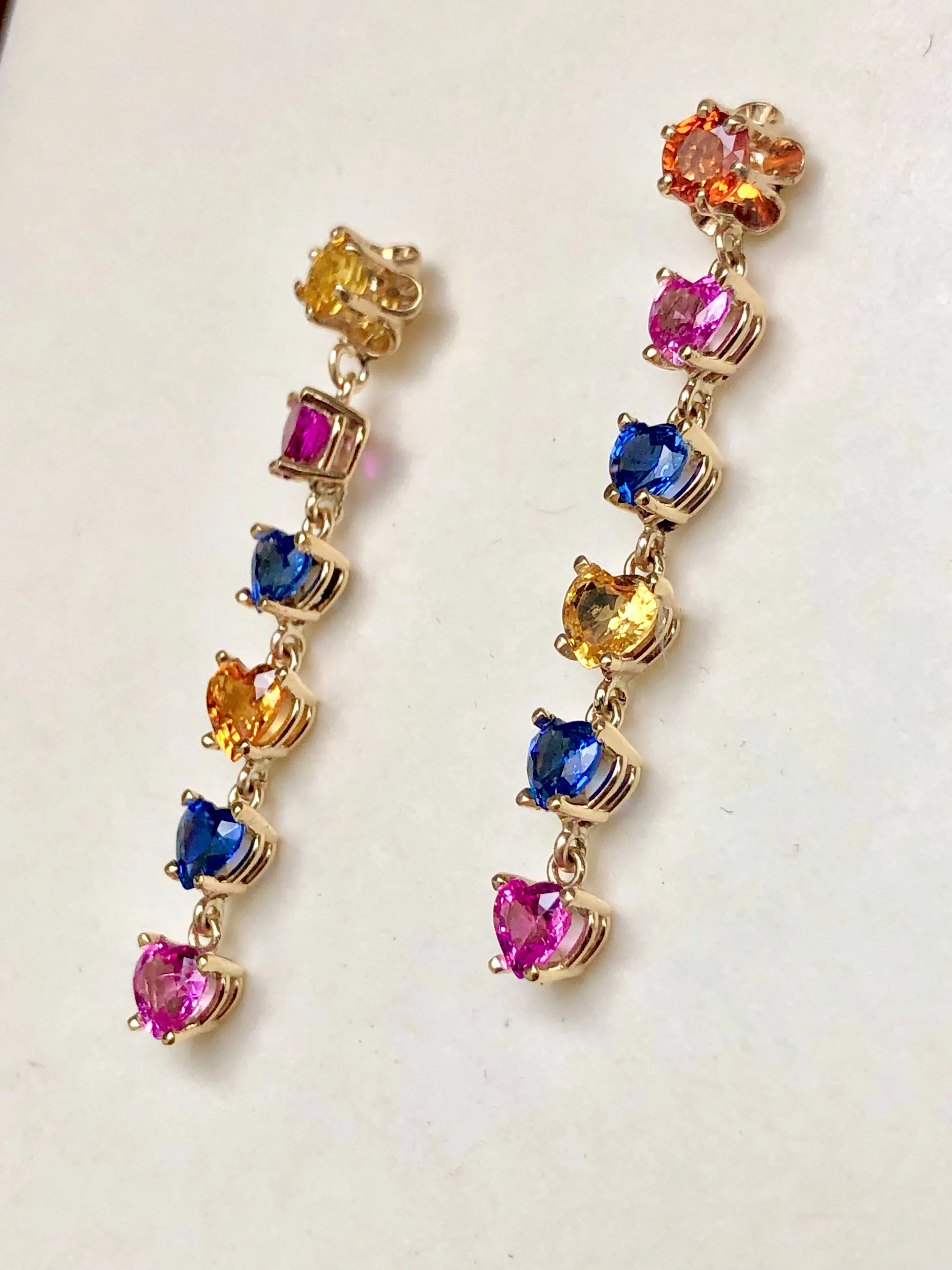 Dangle Sapphire Multi-Color Heart Cut Drop Earrings Gold