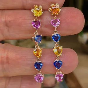 Dangle Sapphire Multi-Color Heart Cut Drop Earrings Gold