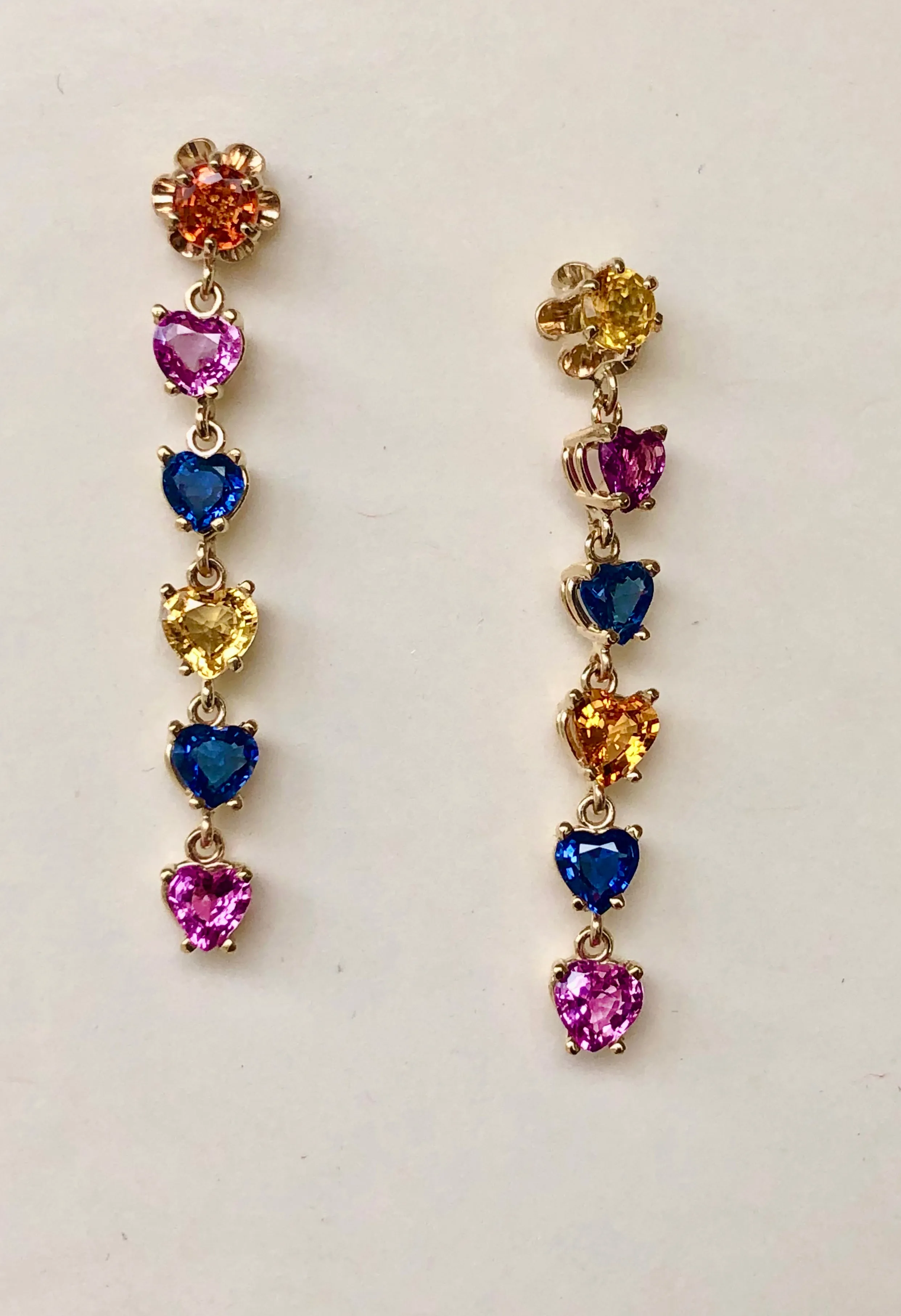 Dangle Sapphire Multi-Color Heart Cut Drop Earrings Gold