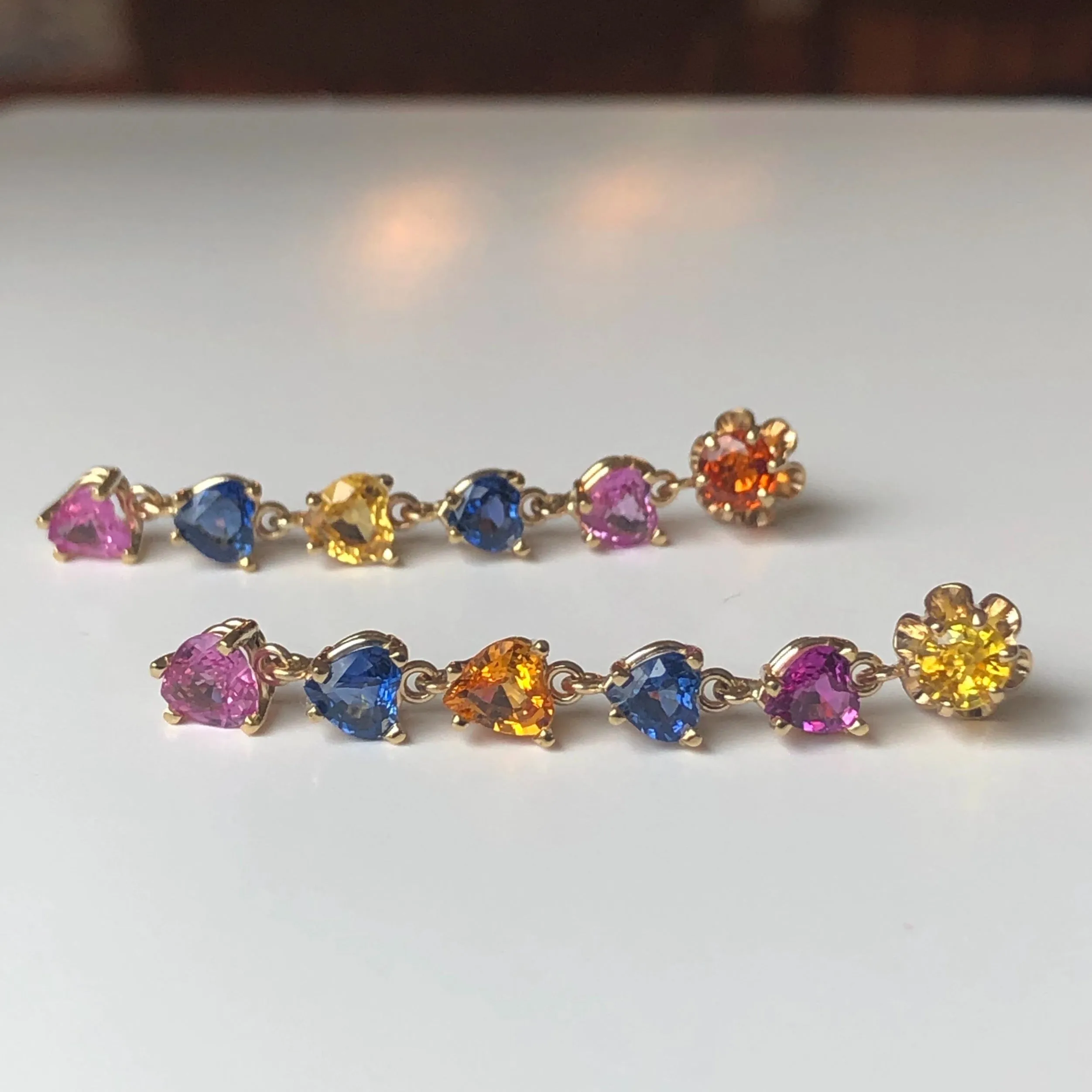 Dangle Sapphire Multi-Color Heart Cut Drop Earrings Gold