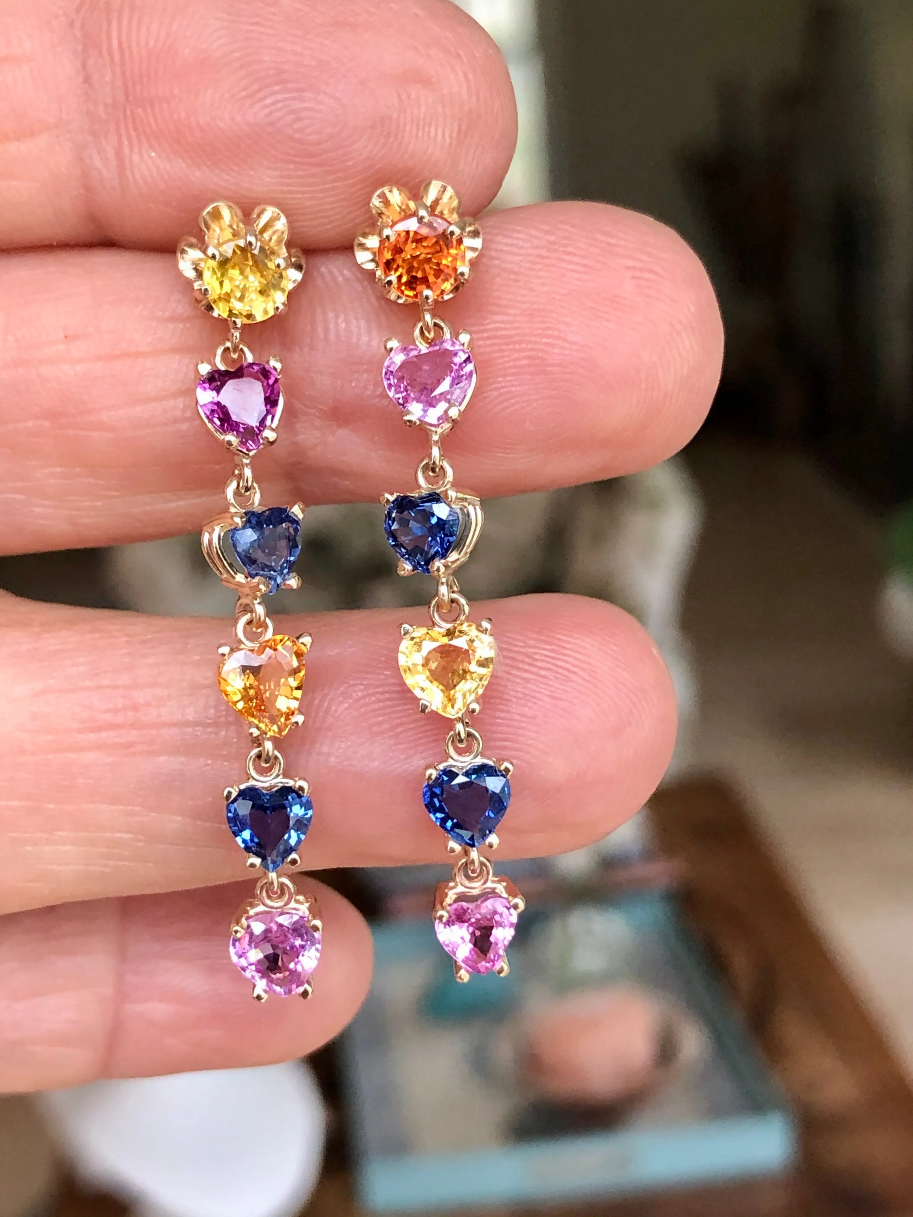Dangle Sapphire Multi-Color Heart Cut Drop Earrings Gold