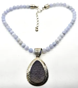Desert Rose Trading Blue Lace Agate Chalcedony sterling silver beaded necklace