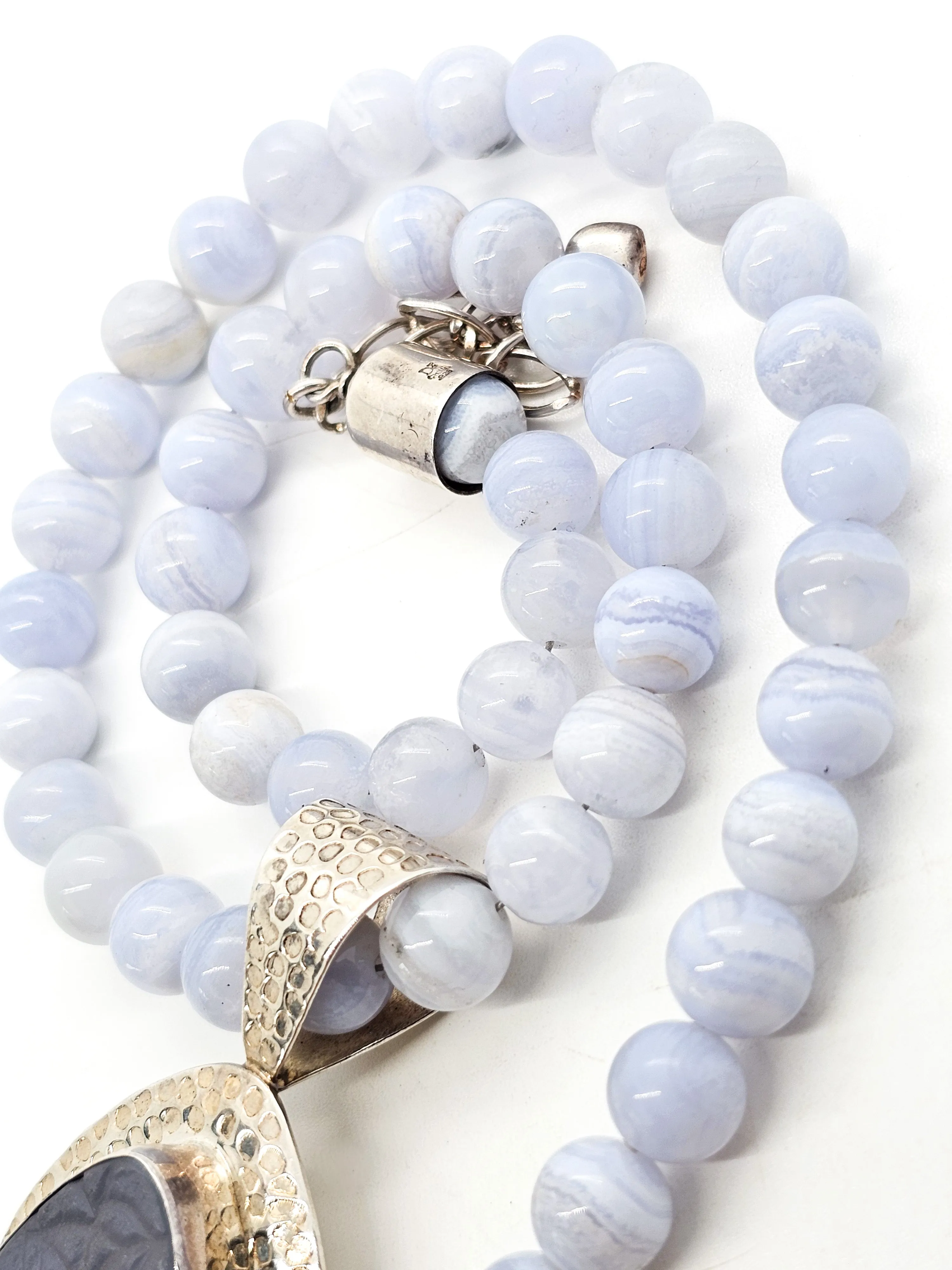 Desert Rose Trading Blue Lace Agate Chalcedony sterling silver beaded necklace