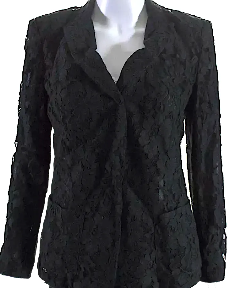 DKNY Black Collared Long Sleeves Lined One Button Lace Jacket