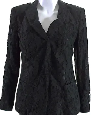 DKNY Black Collared Long Sleeves Lined One Button Lace Jacket