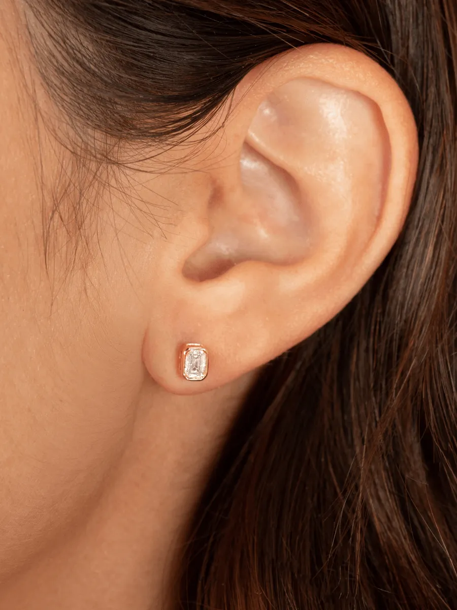 Emerald Cut Bezel Stud Earrings 14K