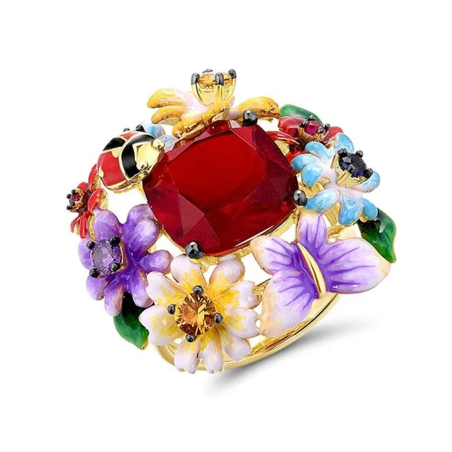 Enamel Flowers & Ladybug Ring