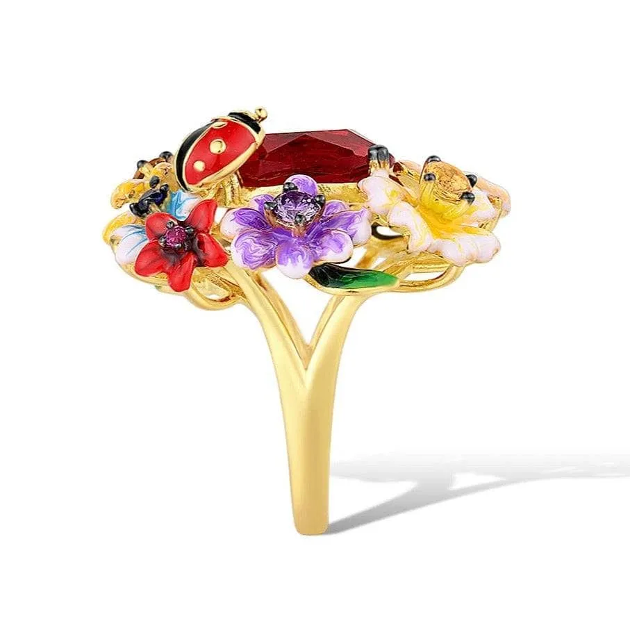 Enamel Flowers & Ladybug Ring