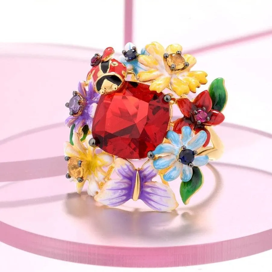 Enamel Flowers & Ladybug Ring