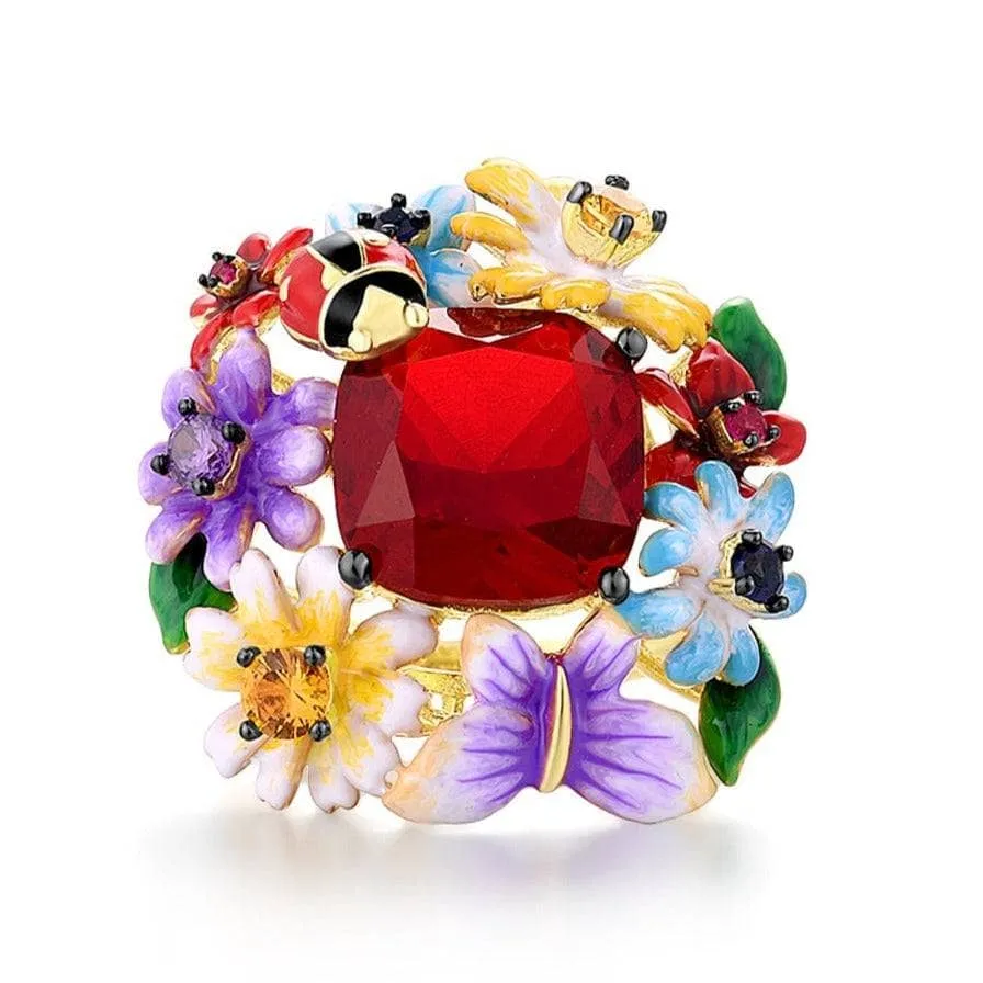 Enamel Flowers & Ladybug Ring