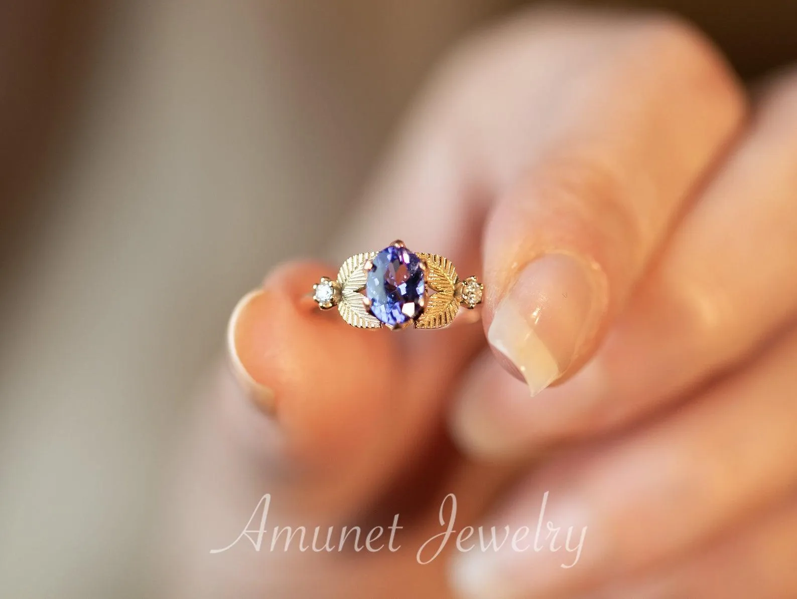 Engagement ring with tanzanite, leaf ring nature inspired design,  engagement ring