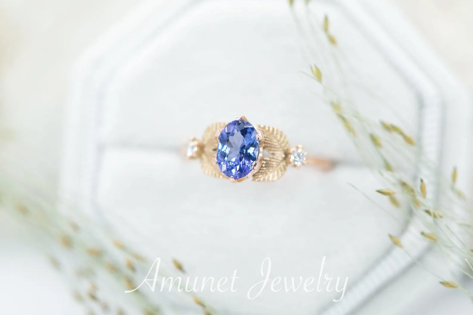 Engagement ring with tanzanite, leaf ring nature inspired design,  engagement ring