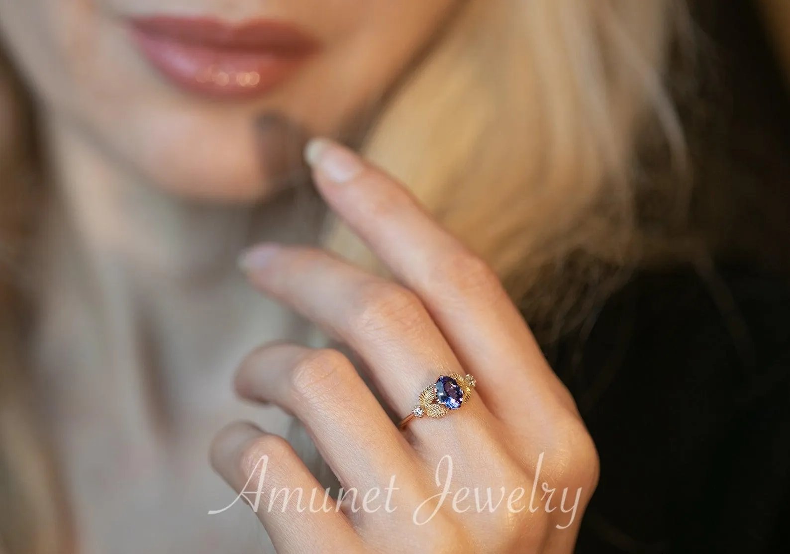 Engagement ring with tanzanite, leaf ring nature inspired design,  engagement ring