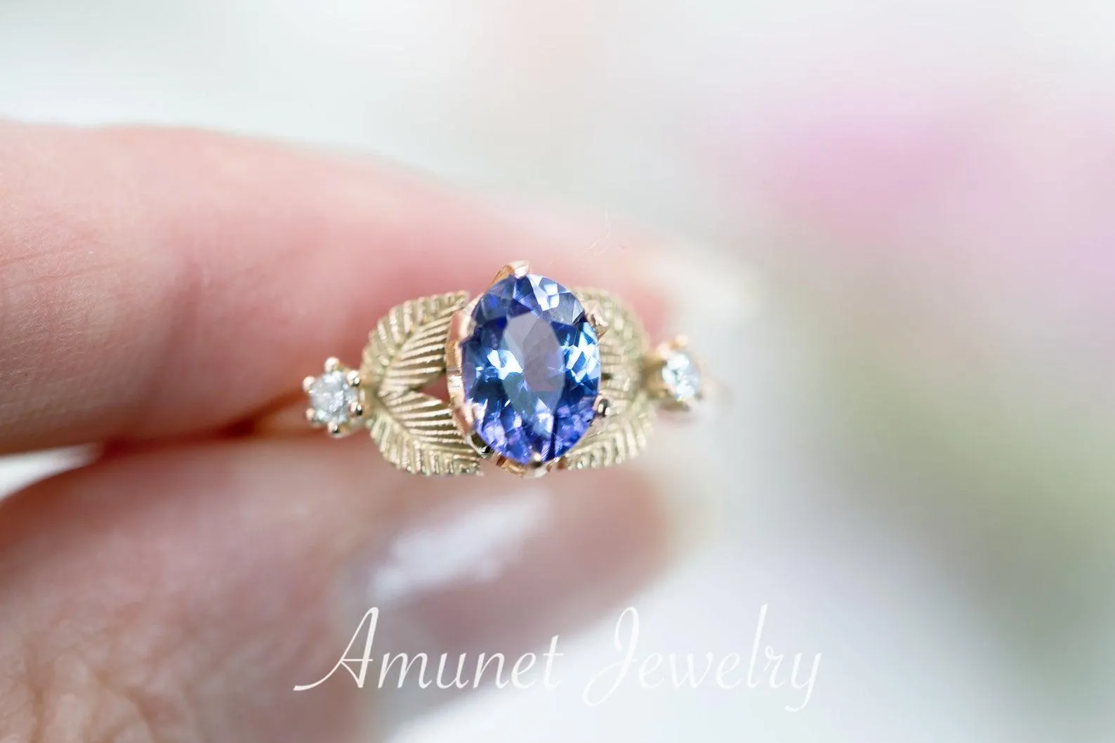 Engagement ring with tanzanite, leaf ring nature inspired design,  engagement ring
