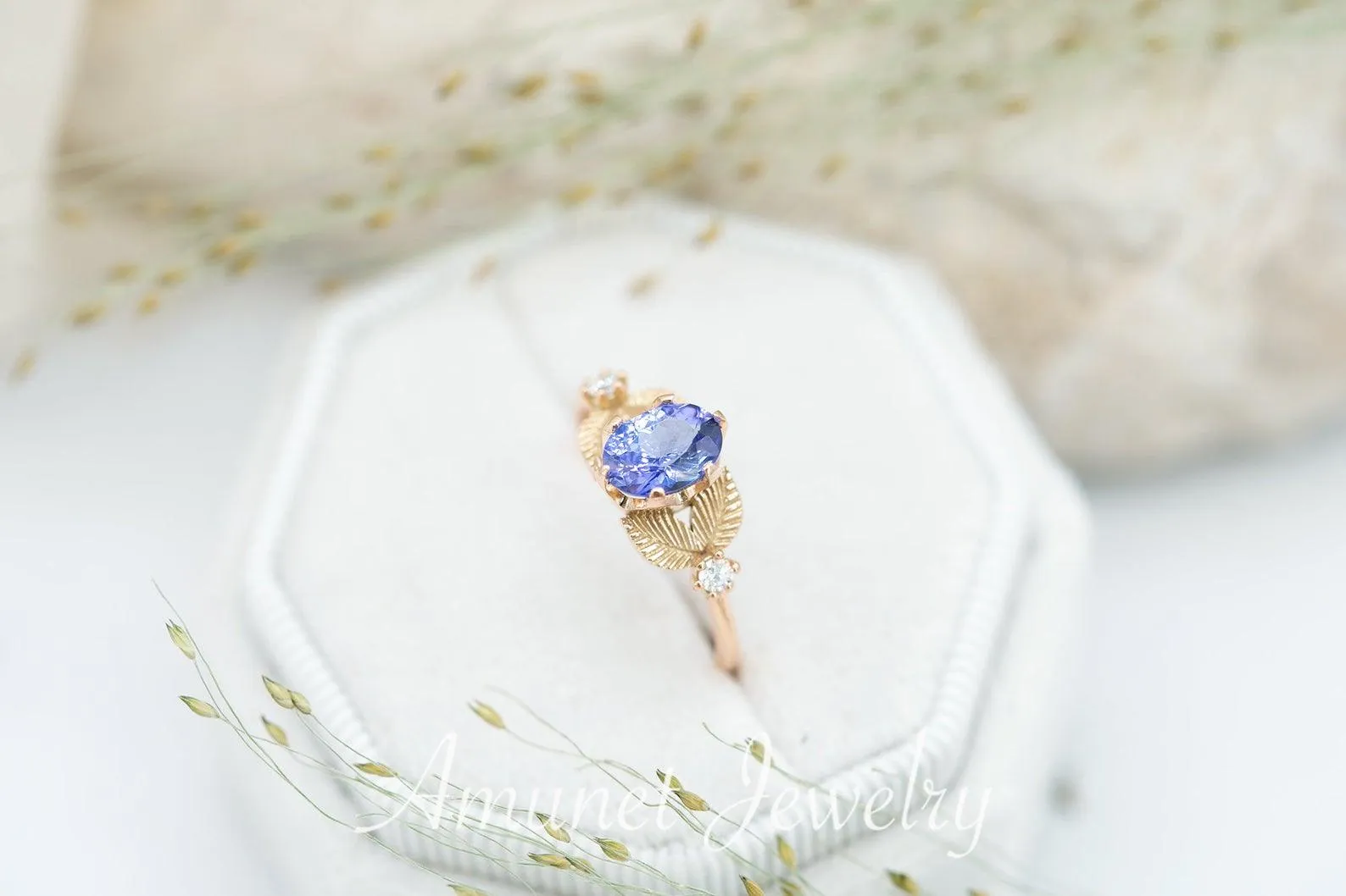 Engagement ring with tanzanite, leaf ring nature inspired design,  engagement ring