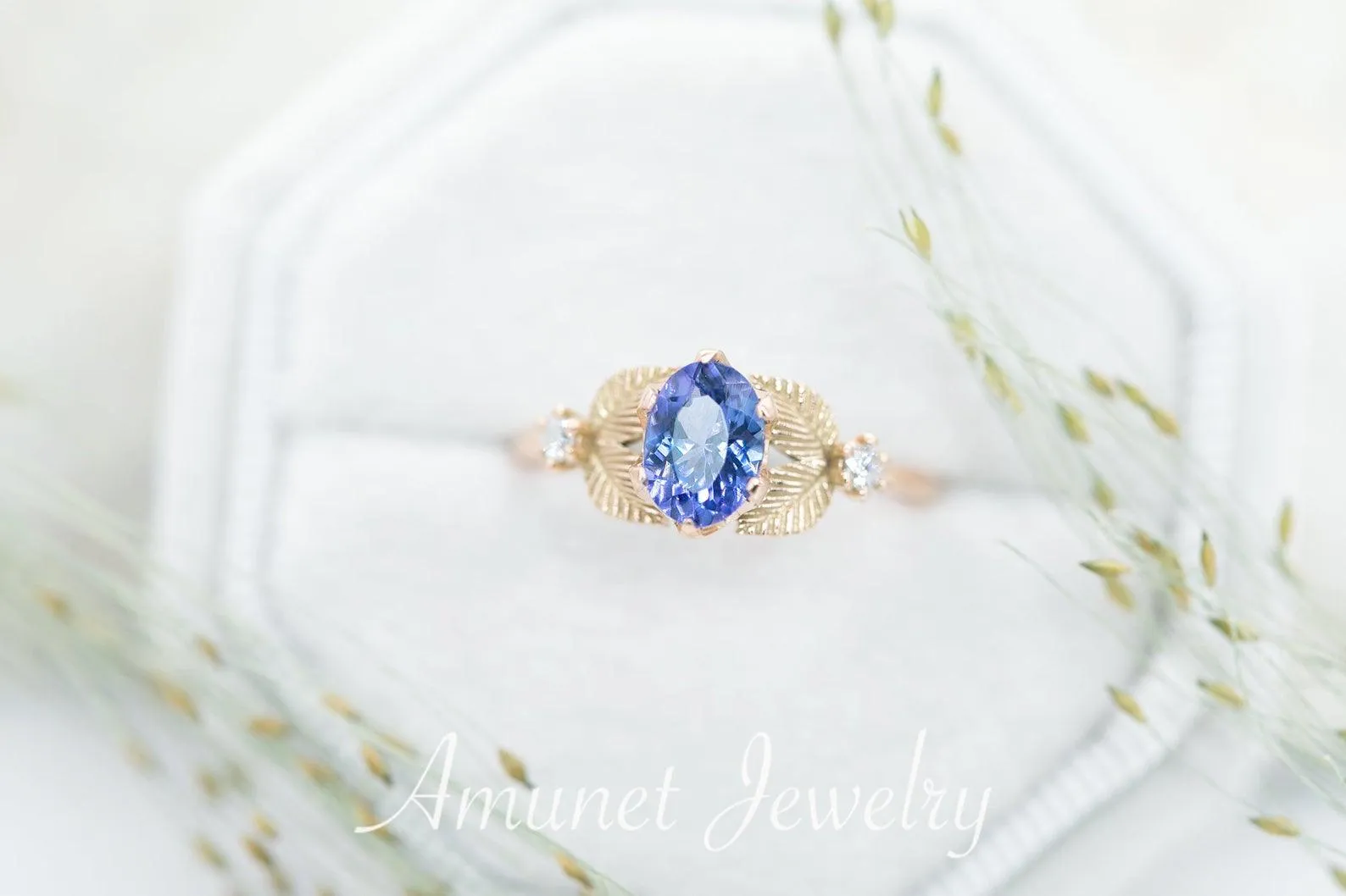 Engagement ring with tanzanite, leaf ring nature inspired design,  engagement ring