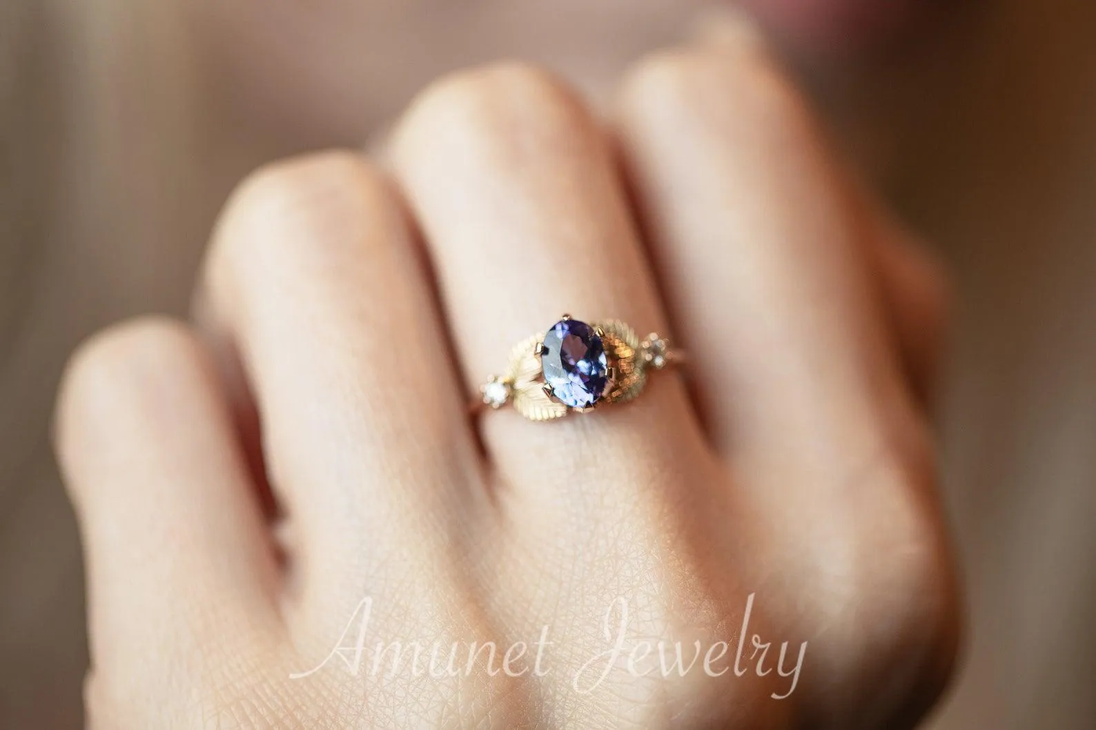 Engagement ring with tanzanite, leaf ring nature inspired design,  engagement ring