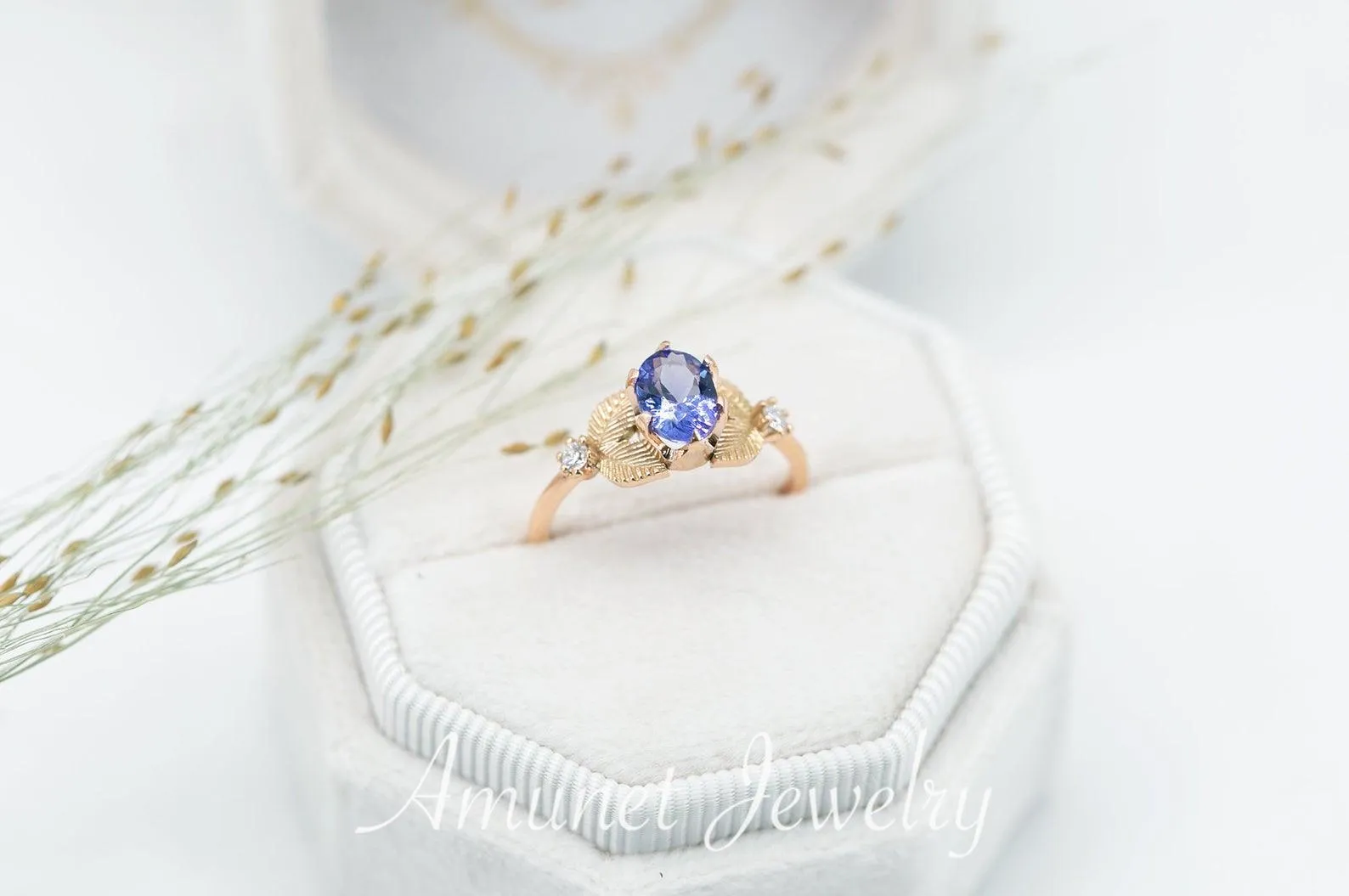 Engagement ring with tanzanite, leaf ring nature inspired design,  engagement ring